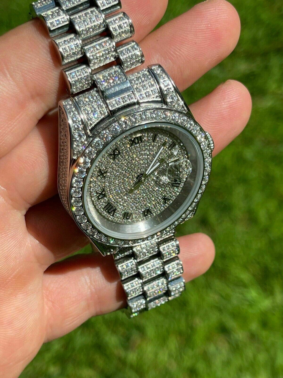 15ct MOISSANITE Mens Presidential Watch Iced Flooded Out Hip Hop Diamond Test 