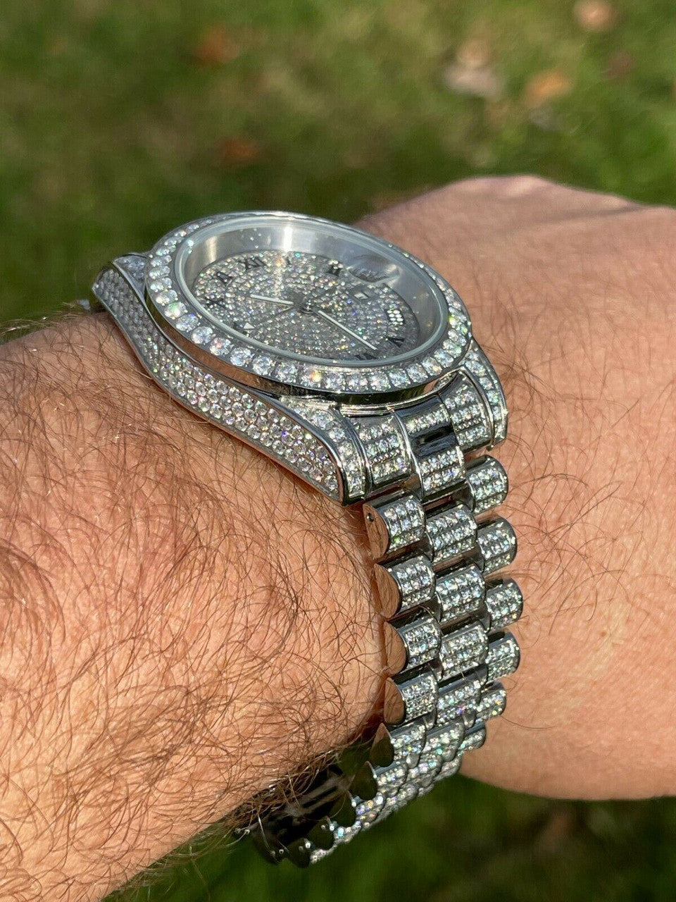 15ct MOISSANITE Mens Presidential Watch Iced Flooded Out Hip Hop Diamond Test 