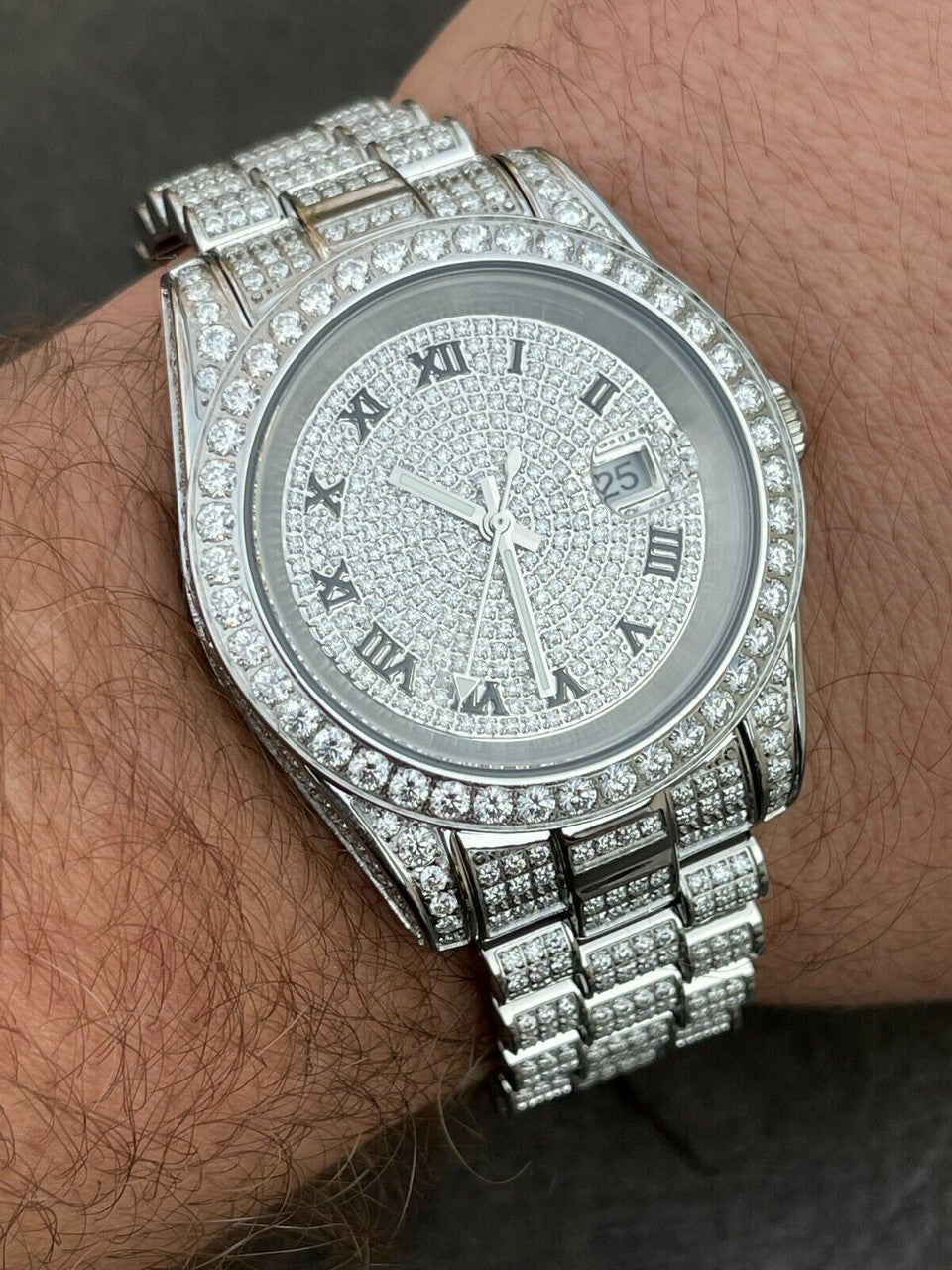 15ct MOISSANITE Mens Presidential Watch Iced Flooded Out Hip Hop Diamond Test 