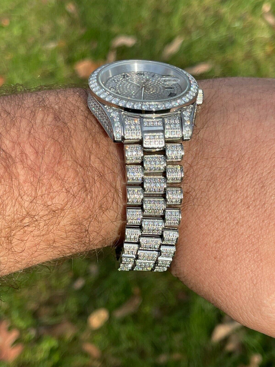 15ct MOISSANITE Mens Presidential Watch Iced Flooded Out Hip Hop Diamond Test 