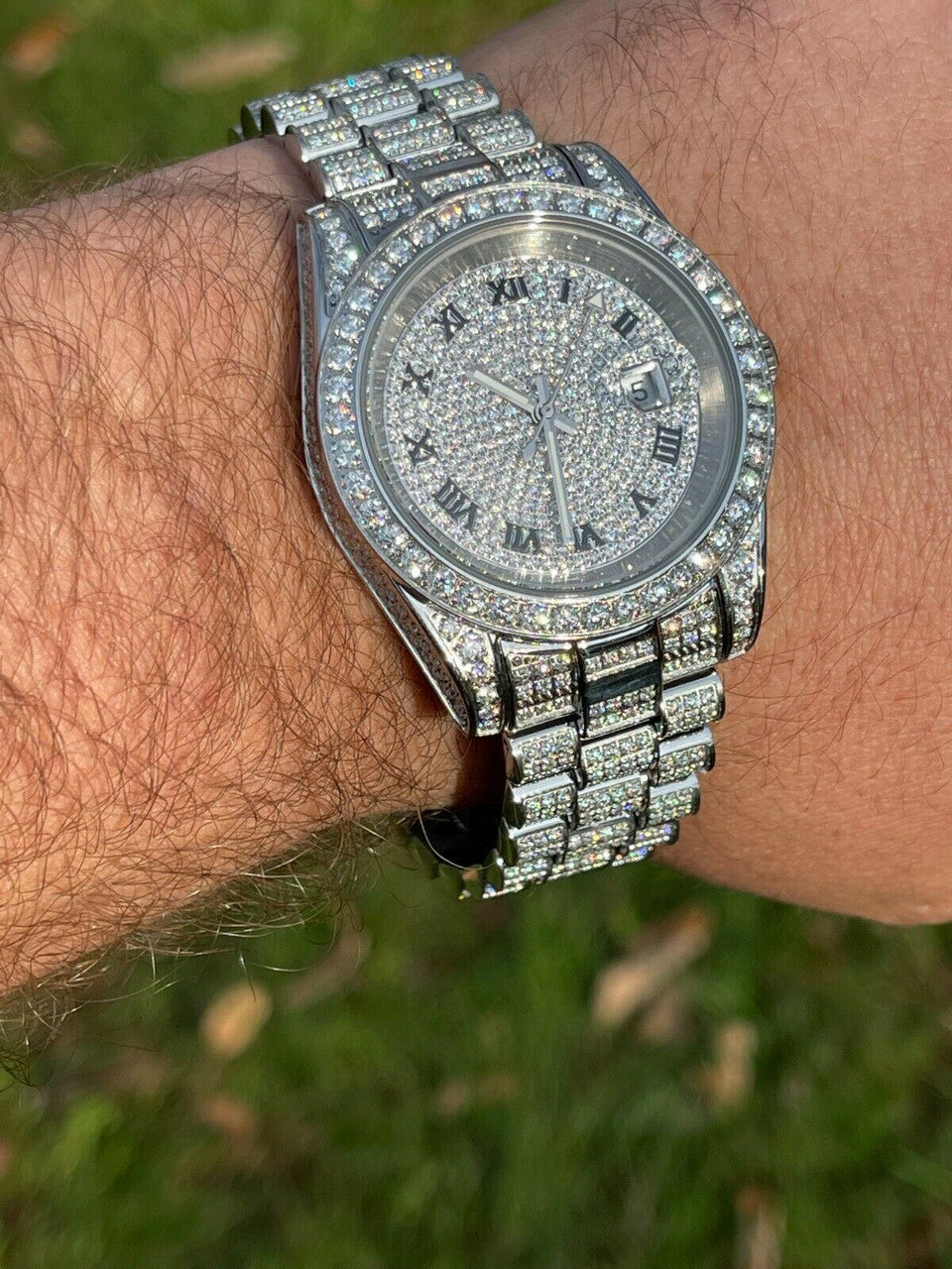 15ct MOISSANITE Mens Presidential Watch Iced Flooded Out Hip Hop Diamond Test 