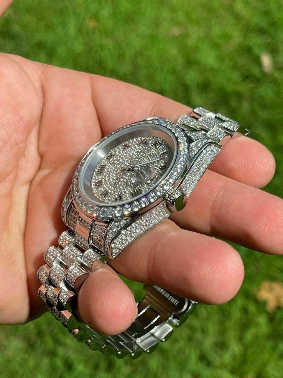 15ct MOISSANITE Mens Presidential Watch Iced Flooded Out Hip Hop Diamond Test 