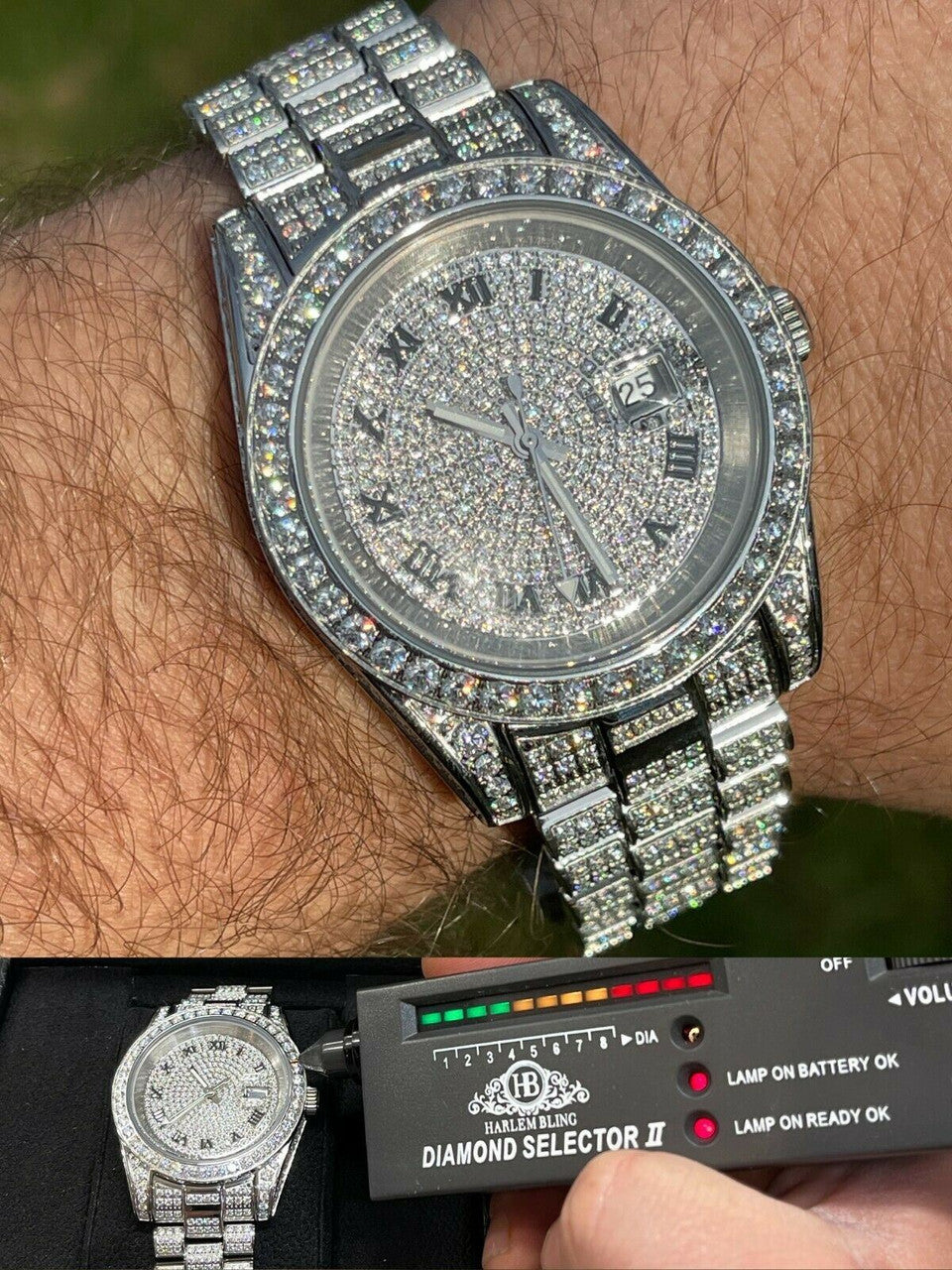 15ct MOISSANITE Mens Presidential Watch Iced Flooded Out Hip Hop Diamond Test 