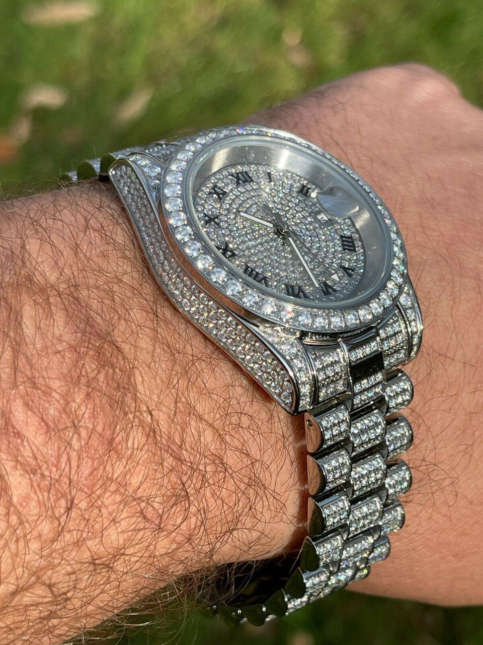 15ct MOISSANITE Mens Presidential Watch Iced Flooded Out Hip Hop Diamond Test 