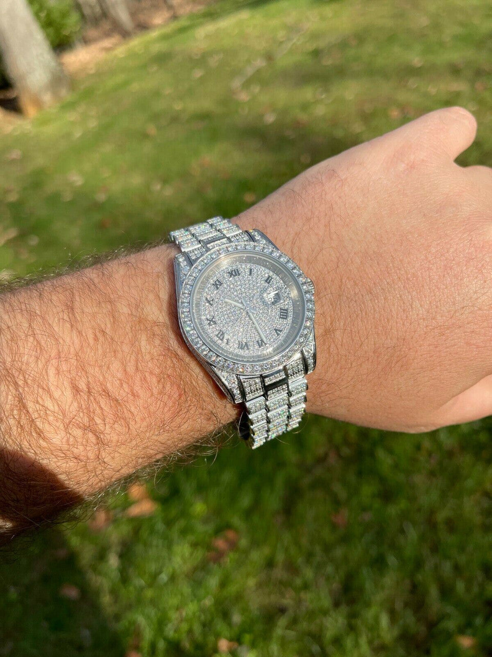 15ct MOISSANITE Mens Presidential Watch Iced Flooded Out Hip Hop Diamond Test 