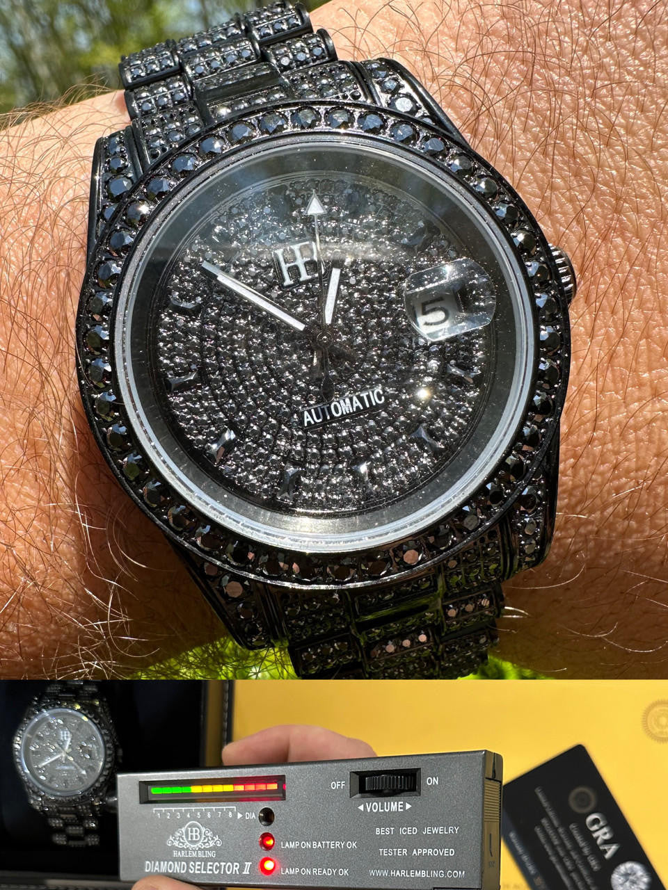 16.1 ct Black MOISSANITE Mens Presidential Watch Iced Bust Down Hip Hop