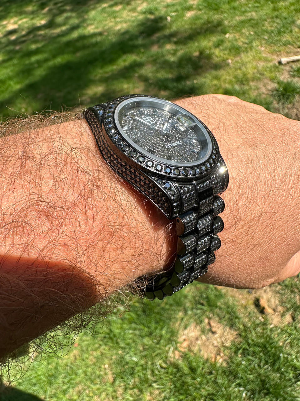 16.1 ct Black MOISSANITE Mens Presidential Watch Iced Bust Down Hip Hop