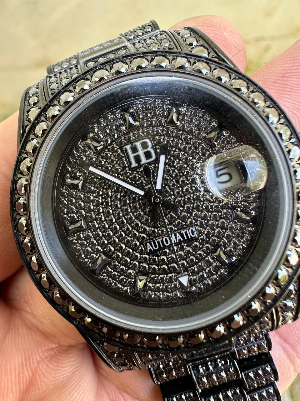 16.1 ct Black MOISSANITE Mens Presidential Watch Iced Bust Down Hip Hop