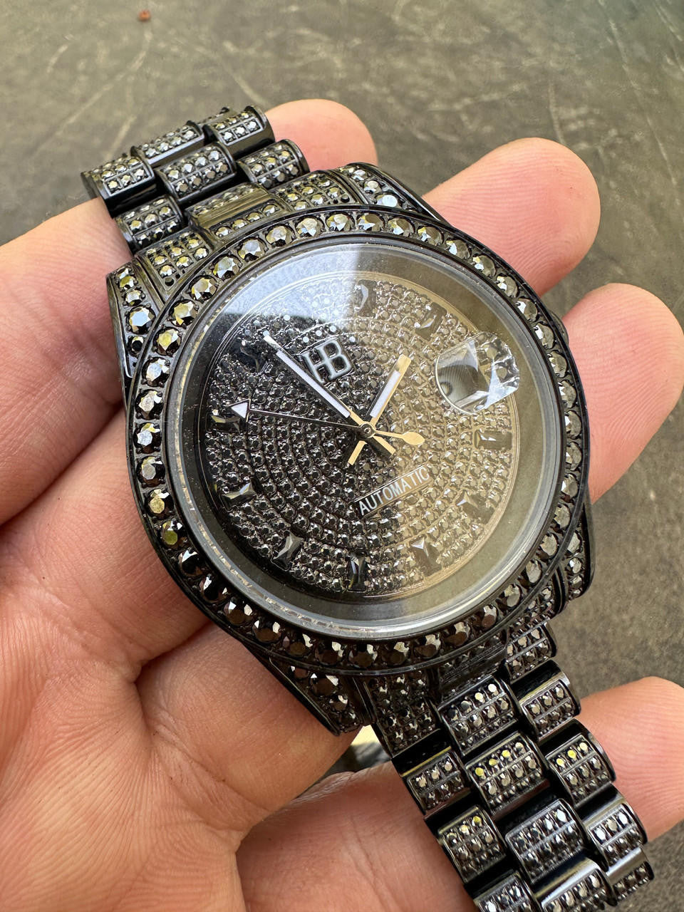 16.1 ct Black MOISSANITE Mens Presidential Watch Iced Bust Down Hip Hop