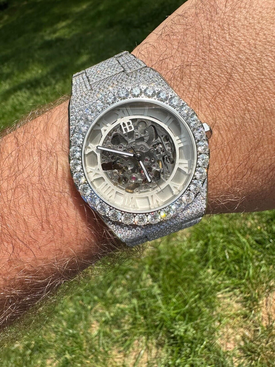 35.5ct MOISSANITE Automatic Skeleton Watch Mens Real Iced Hip Hop Passes Tester