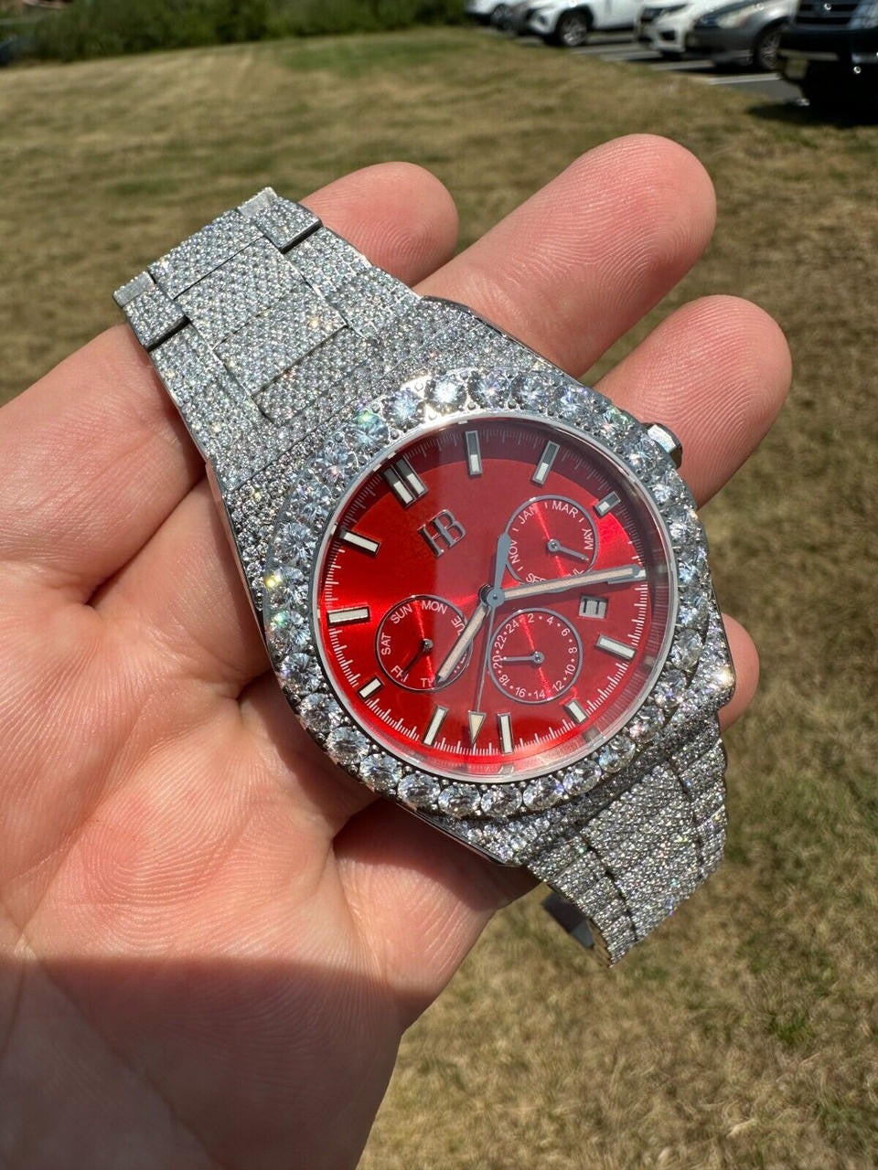 35ct MOISSANITE Red Face Mens Perpetual Calendar Real Watch Auto Iced Hip Hop