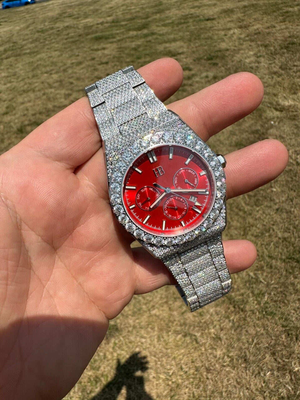 35ct MOISSANITE Red Face Mens Perpetual Calendar Real Watch Auto Iced Hip Hop