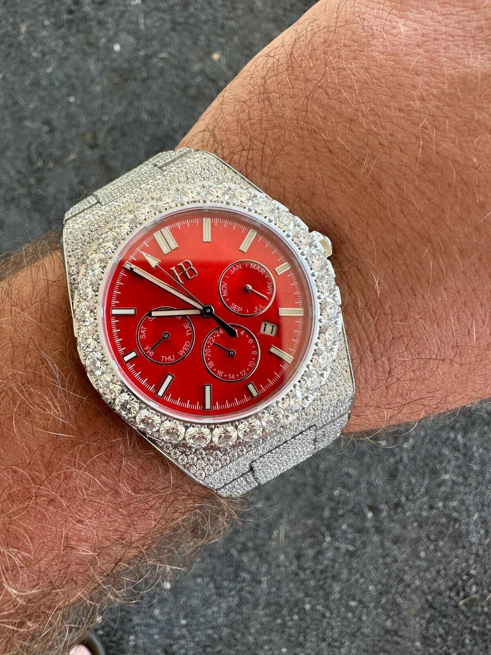 35ct MOISSANITE Red Face Mens Perpetual Calendar Real Watch Auto Iced Hip Hop