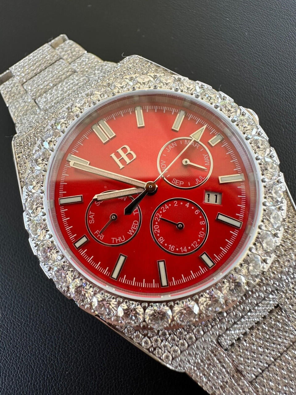 35ct MOISSANITE Red Face Mens Perpetual Calendar Real Watch Auto Iced Hip Hop