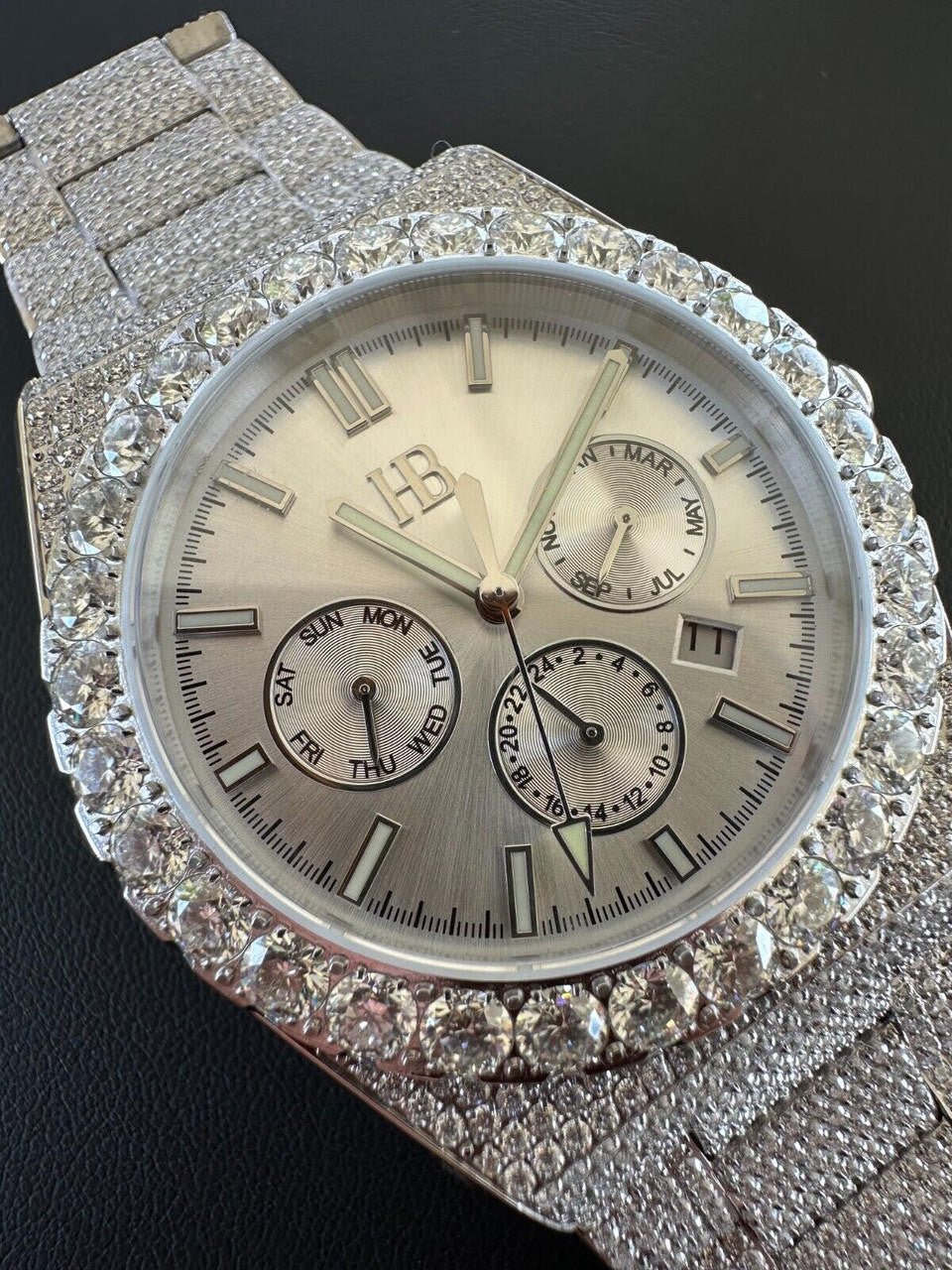 35ct MOISSANITE White Face Mens Perpetual Calendar Real Watch Auto Iced Hip Hop