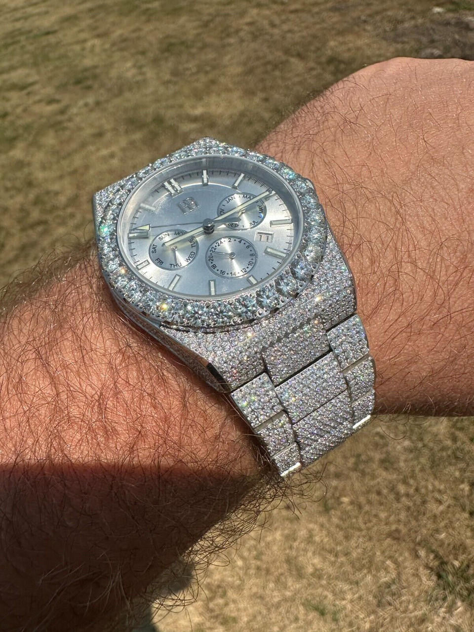 35ct MOISSANITE White Face Mens Perpetual Calendar Real Watch Auto Iced Hip Hop
