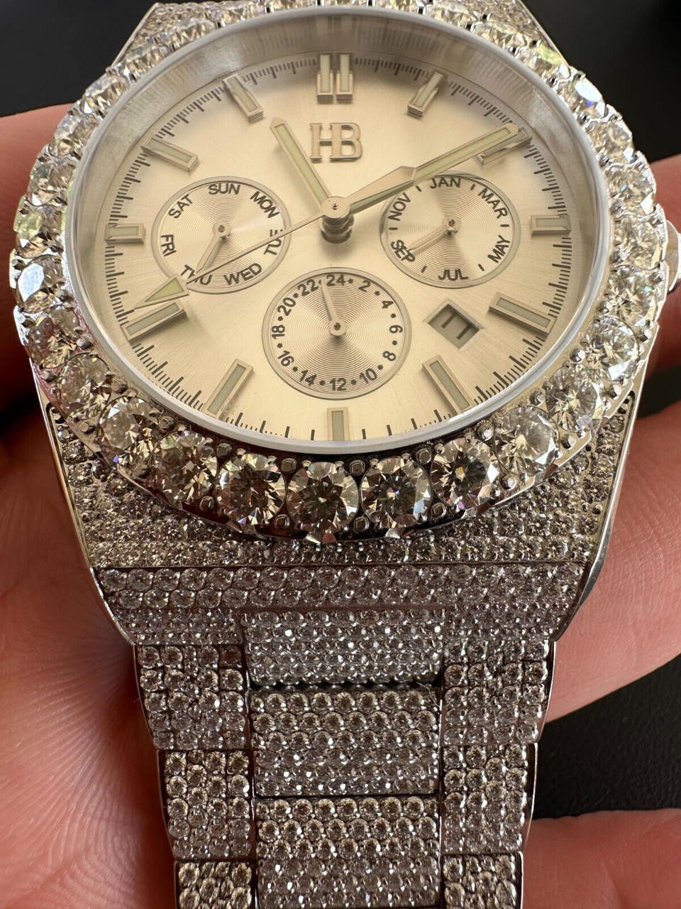 35ct MOISSANITE White Face Mens Perpetual Calendar Real Watch Auto Iced Hip Hop