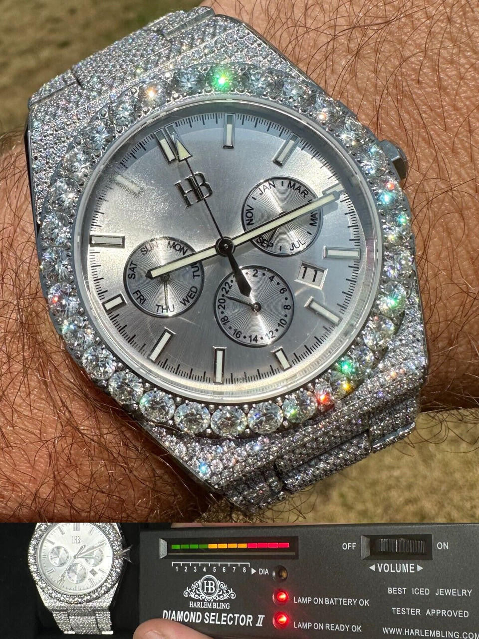 35ct MOISSANITE White Face Mens Perpetual Calendar Real Watch Auto Iced Hip Hop