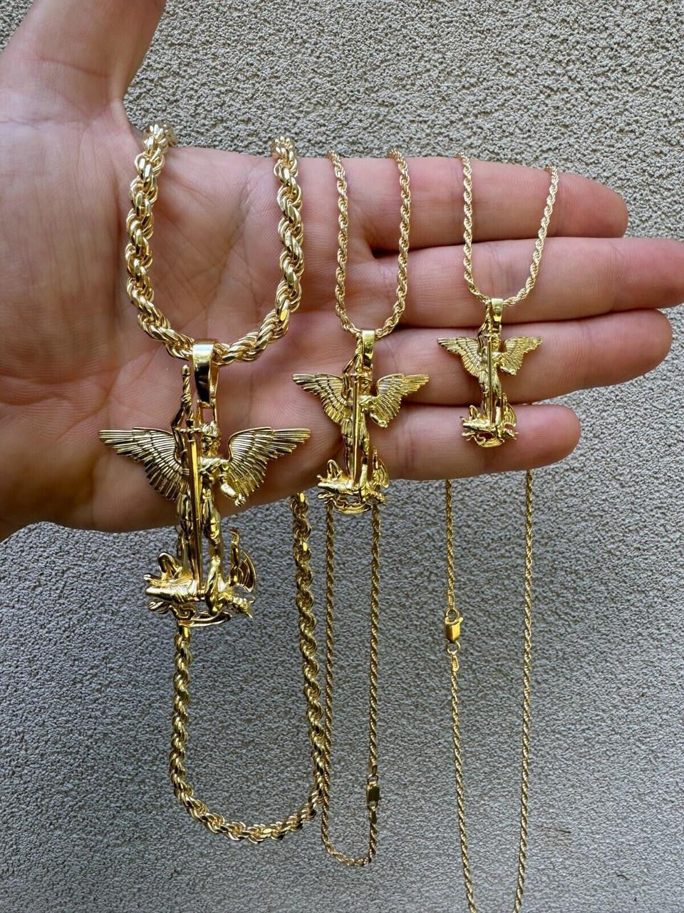 Artwork Saint St Michael Slaying Dragon Archangel Pendant - 14k Gold Vermeil 925 Silver - 3 Sizes 1"-3"
