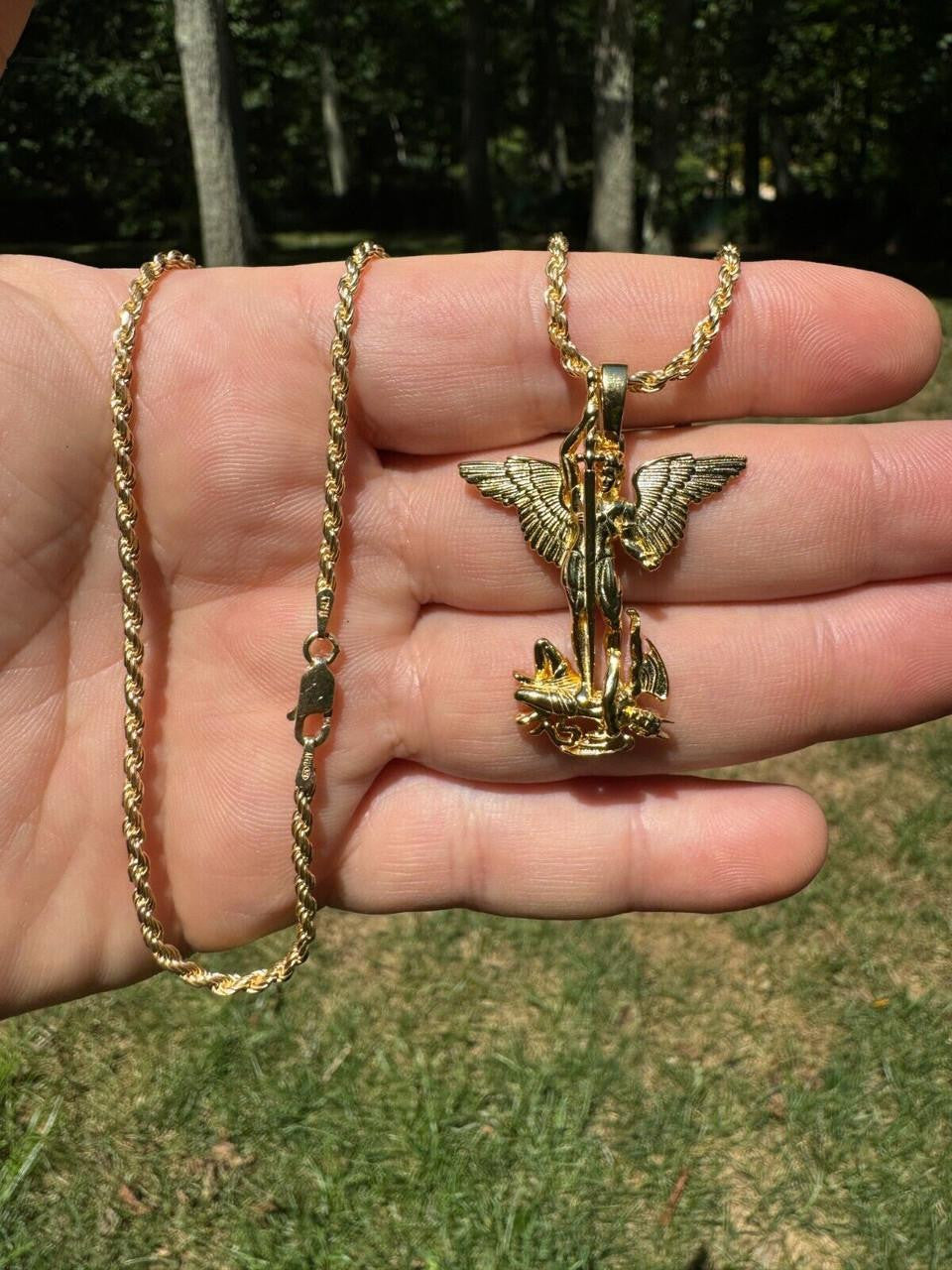 Artwork Saint St Michael Slaying Dragon Archangel Pendant - 14k Gold Vermeil 925 Silver - 3 Sizes 1"-3"