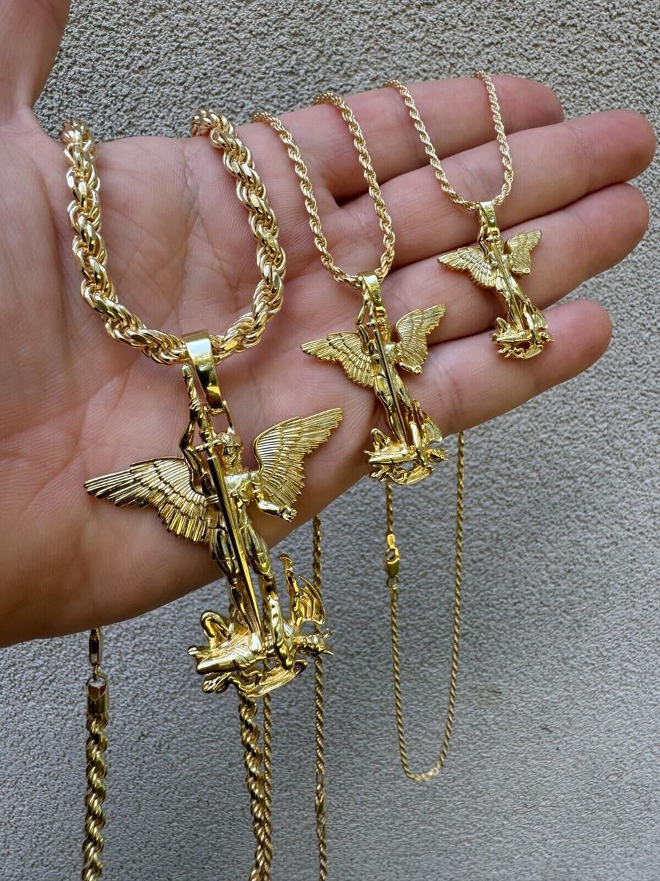 Artwork Saint St Michael Slaying Dragon Archangel Pendant - 14k Gold Vermeil 925 Silver - 3 Sizes 1"-3"