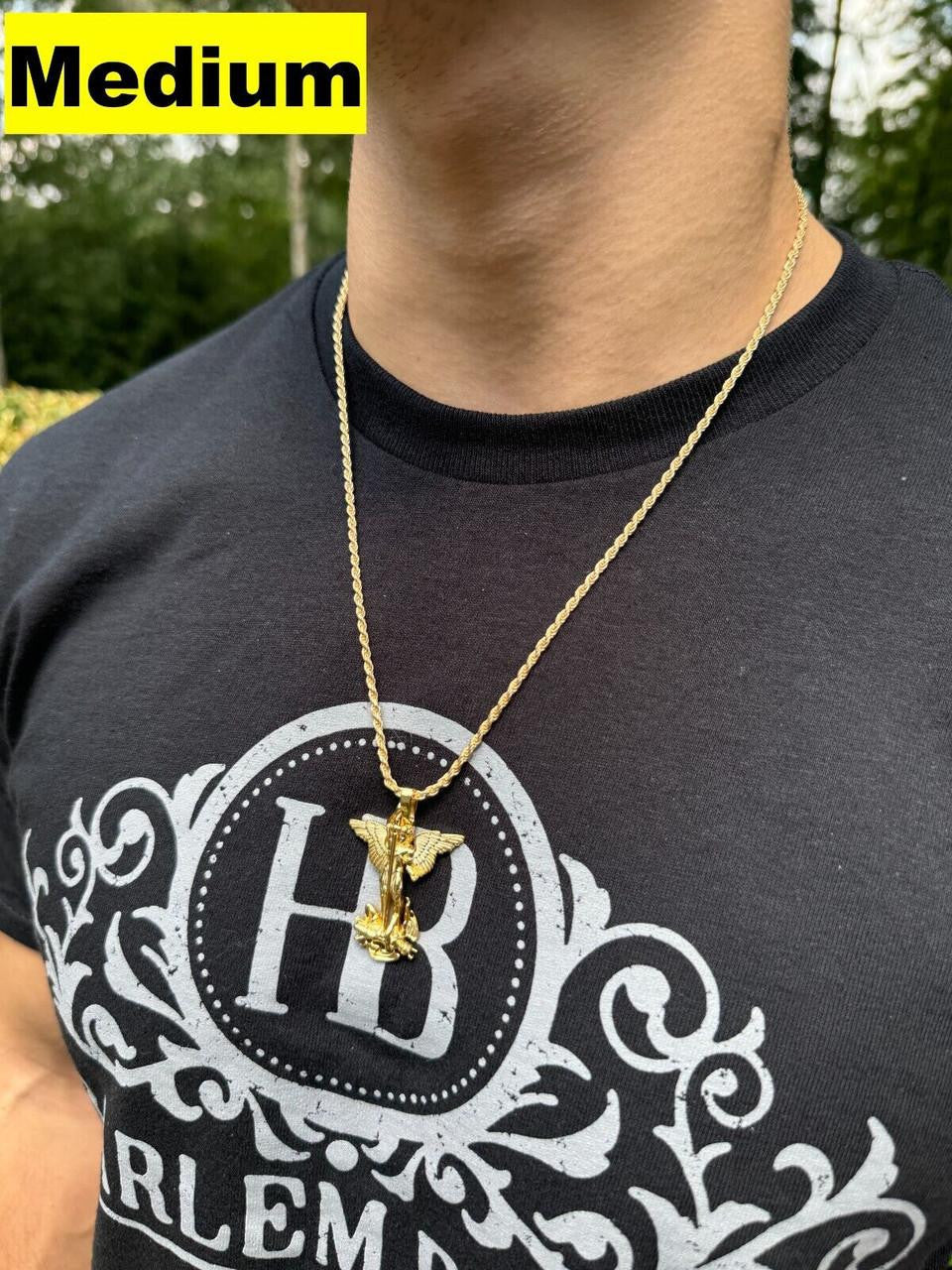 Artwork Saint St Michael Slaying Dragon Archangel Pendant - 14k Gold Vermeil 925 Silver - 3 Sizes 1"-3"