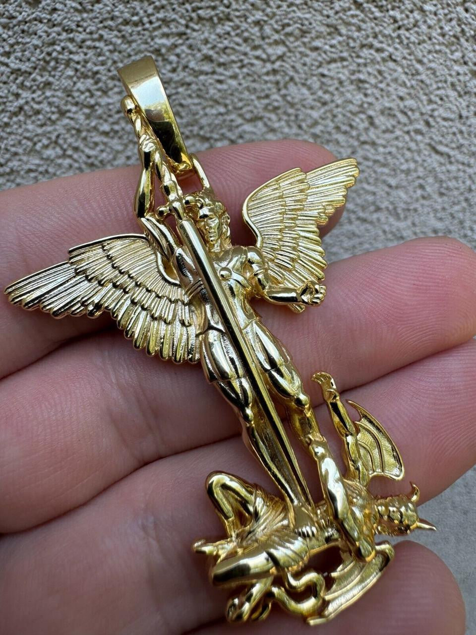 Artwork Saint St Michael Slaying Dragon Archangel Pendant - 14k Gold Vermeil 925 Silver - 3 Sizes 1"-3"