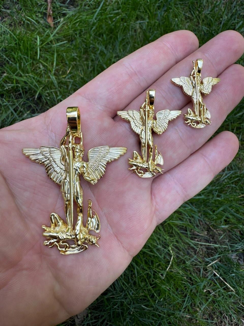 Artwork Saint St Michael Slaying Dragon Archangel Pendant - 14k Gold Vermeil 925 Silver - 3 Sizes 1"-3"