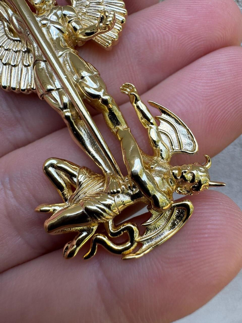 Artwork Saint St Michael Slaying Dragon Archangel Pendant - 14k Gold Vermeil 925 Silver - 3 Sizes 1"-3"