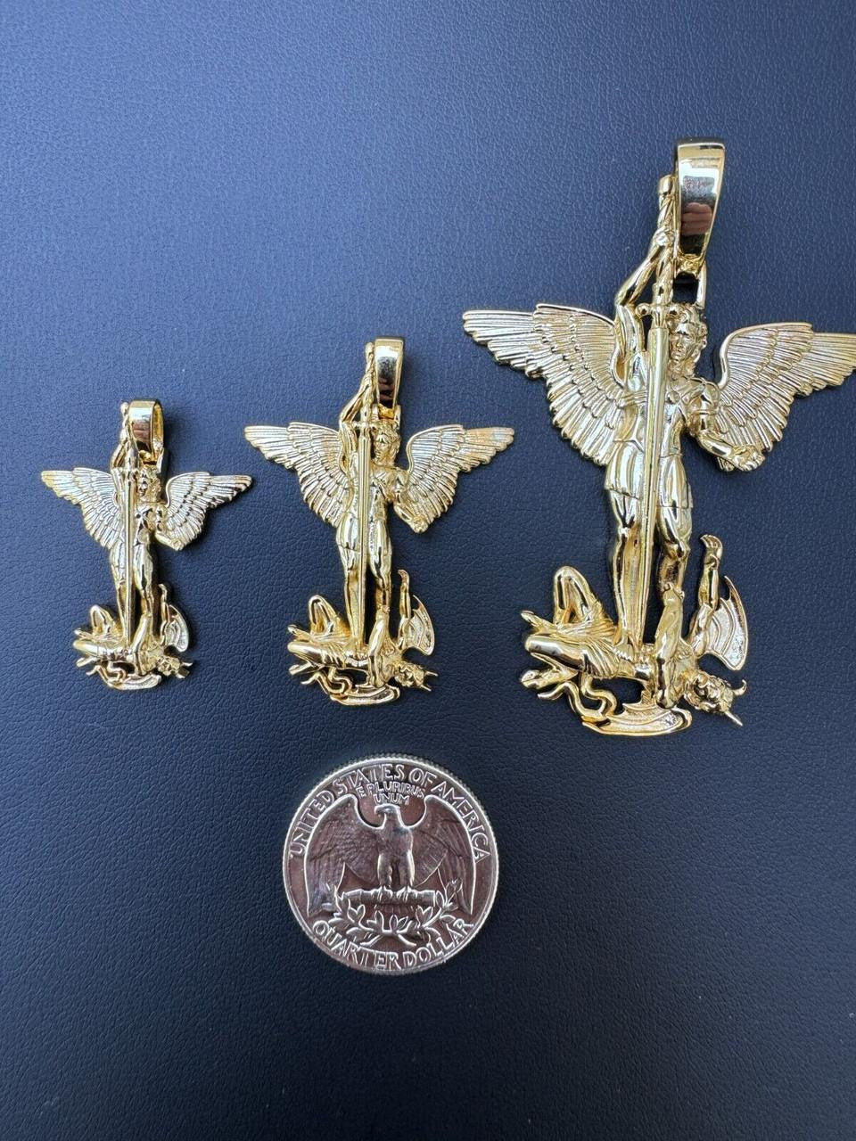 Artwork Saint St Michael Slaying Dragon Archangel Pendant - 14k Gold Vermeil 925 Silver - 3 Sizes 1"-3"