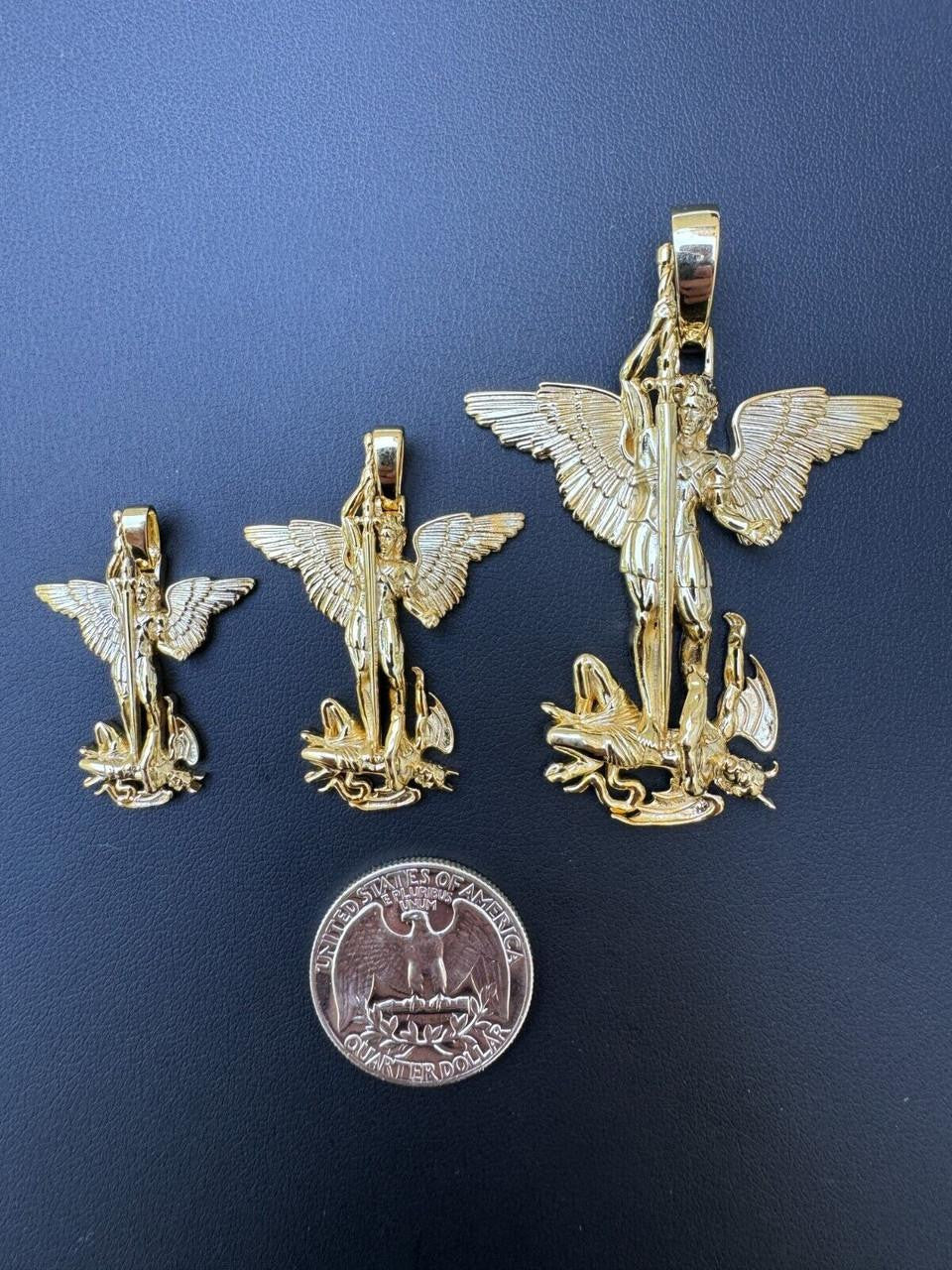 Artwork Saint St Michael Slaying Dragon Archangel Pendant - 14k Gold Vermeil 925 Silver - 3 Sizes 1"-3"