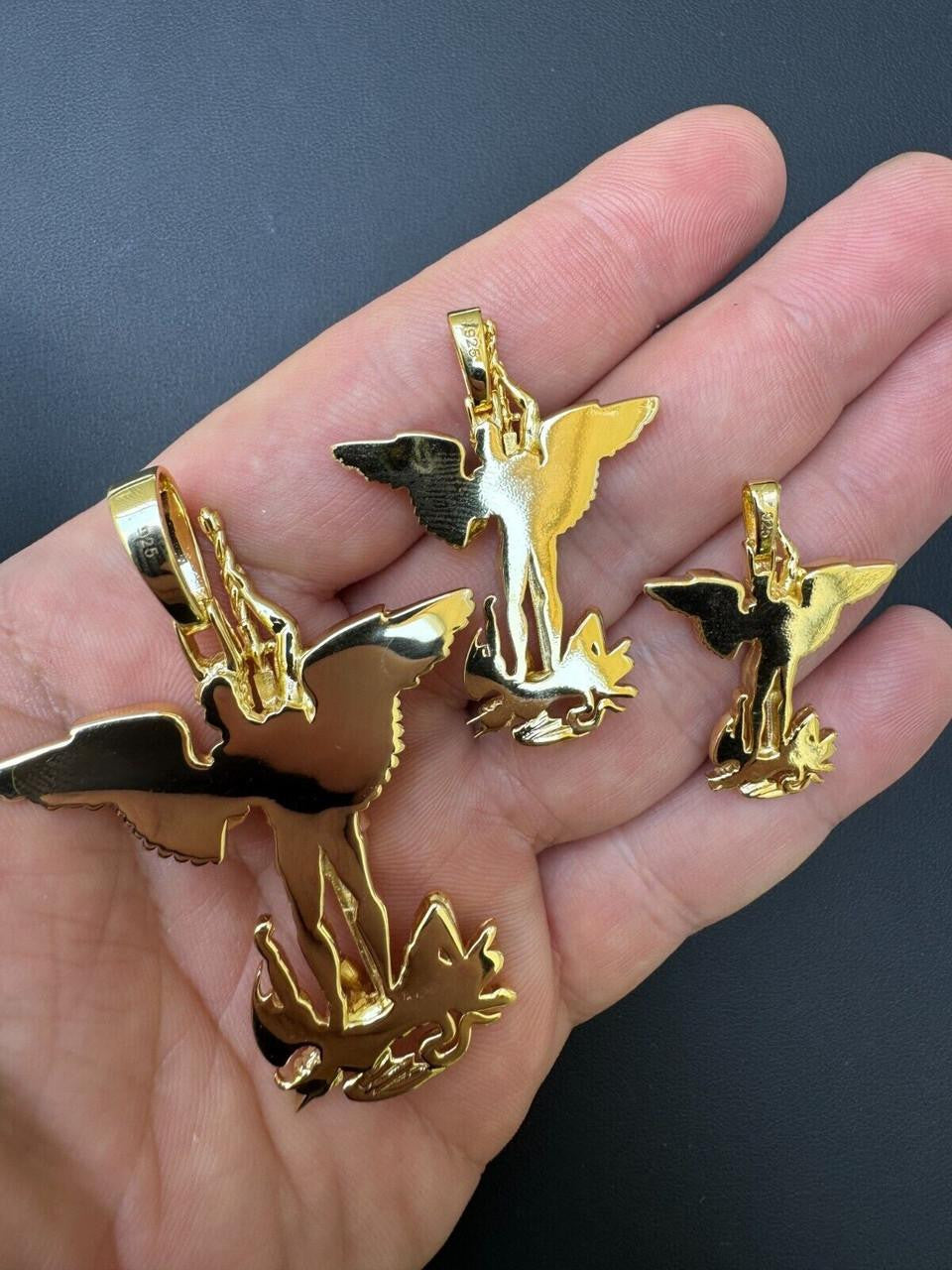 Artwork Saint St Michael Slaying Dragon Archangel Pendant - 14k Gold Vermeil 925 Silver - 3 Sizes 1"-3"