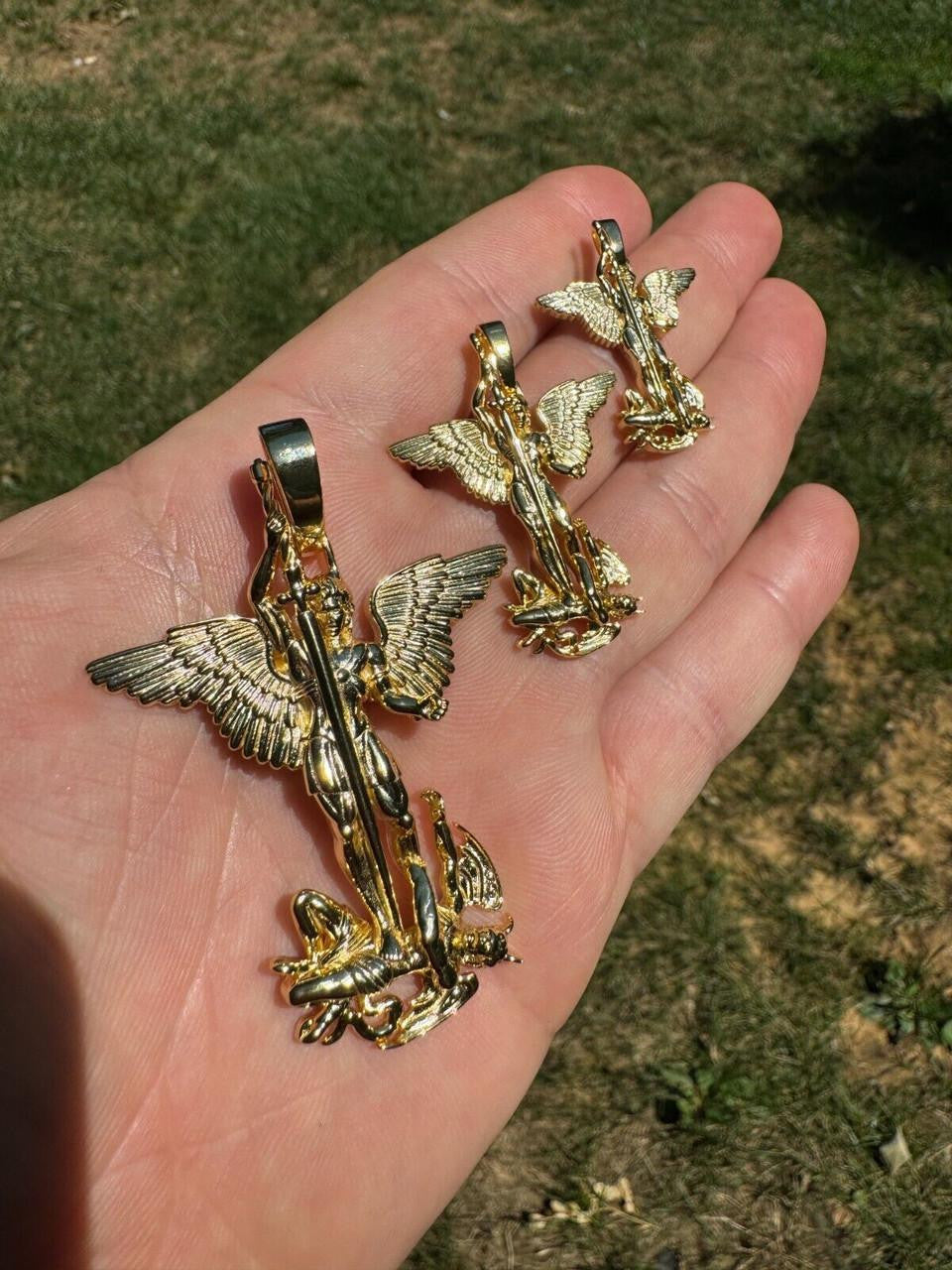 Artwork Saint St Michael Slaying Dragon Archangel Pendant - 14k Gold Vermeil 925 Silver - 3 Sizes 1"-3"