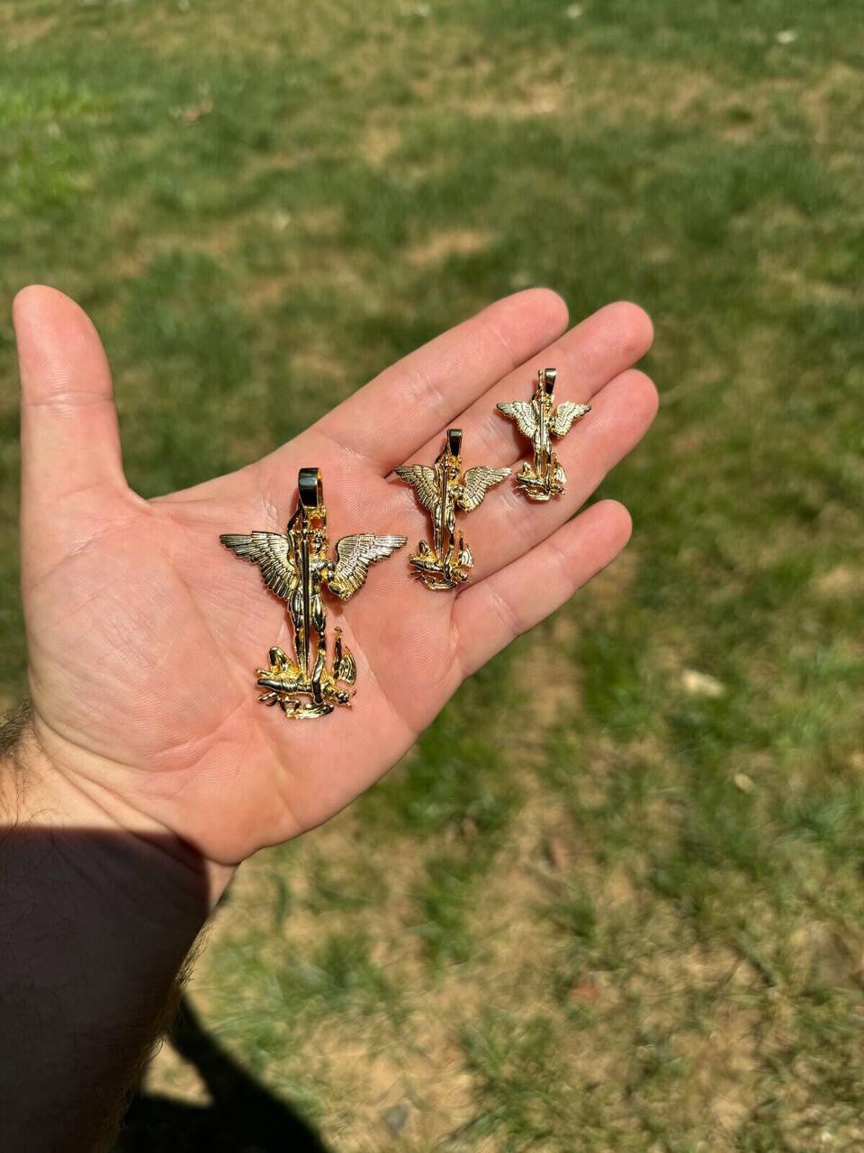 Artwork Saint St Michael Slaying Dragon Archangel Pendant - 14k Gold Vermeil 925 Silver - 3 Sizes 1"-3"