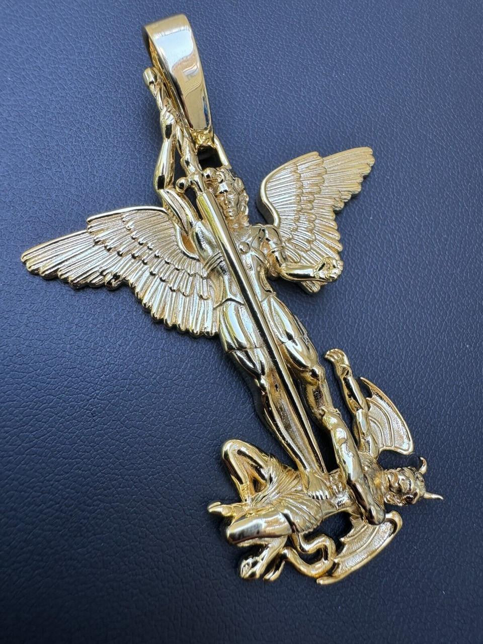 Artwork Saint St Michael Slaying Dragon Archangel Pendant - 14k Gold Vermeil 925 Silver - 3 Sizes 1"-3"