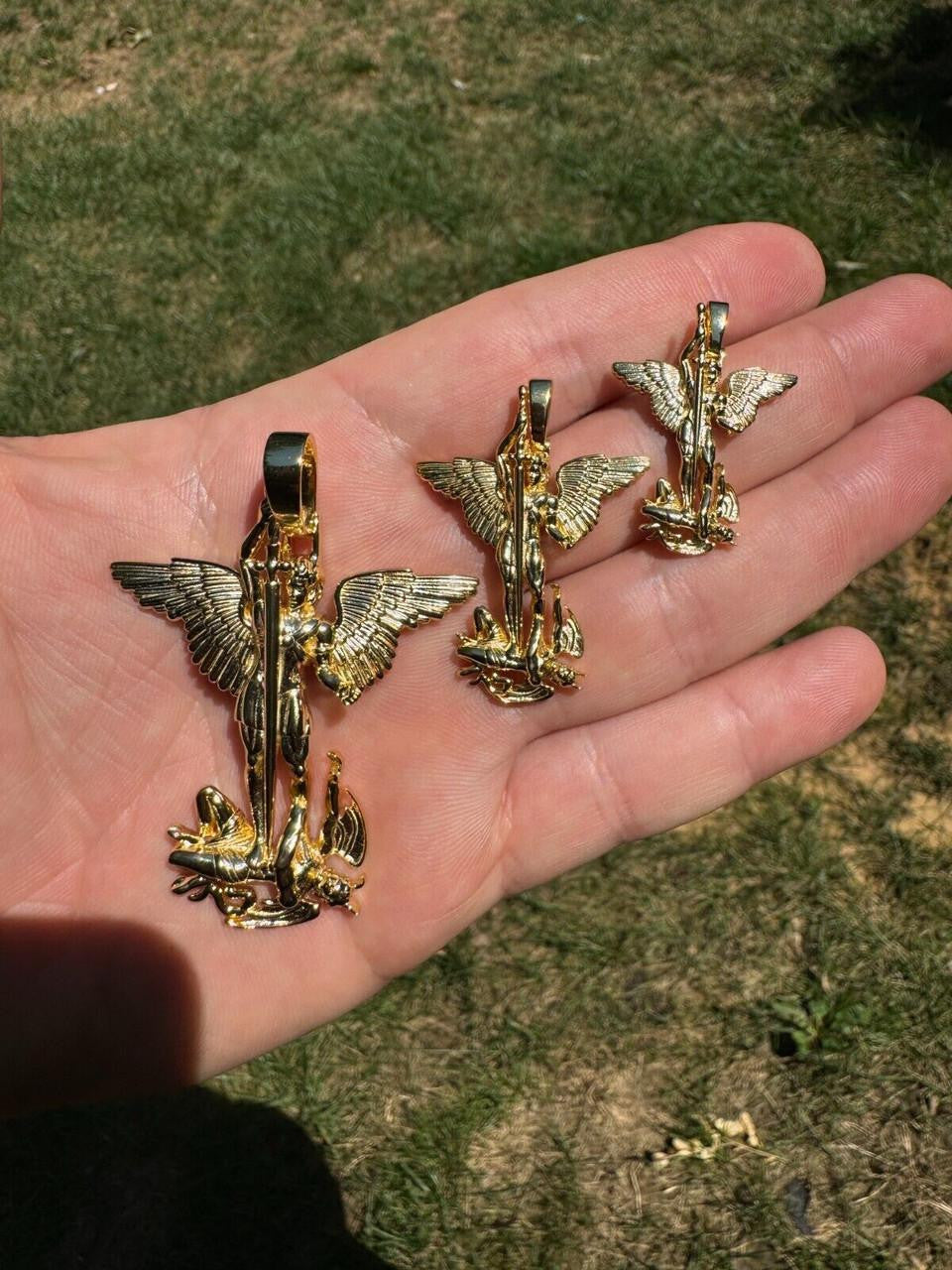 Artwork Saint St Michael Slaying Dragon Archangel Pendant - 14k Gold Vermeil 925 Silver - 3 Sizes 1"-3"
