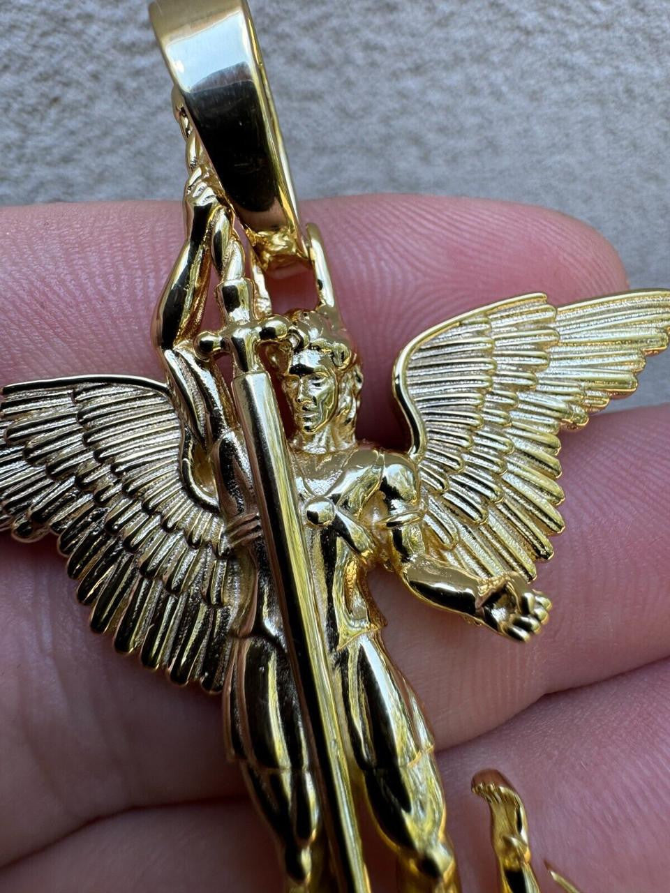 Artwork Saint St Michael Slaying Dragon Archangel Pendant - 14k Gold Vermeil 925 Silver - 3 Sizes 1"-3"