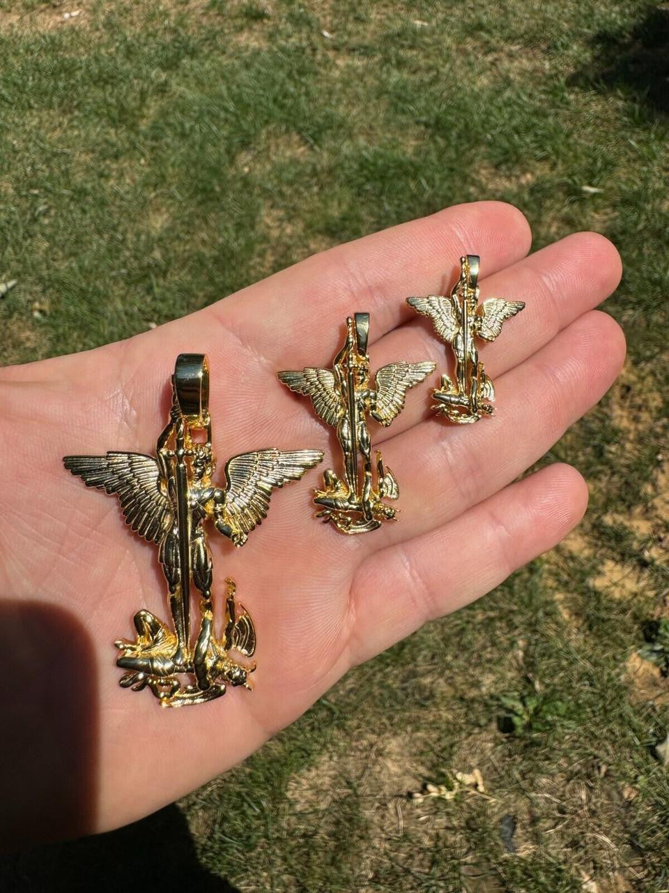 Artwork Saint St Michael Slaying Dragon Archangel Pendant - 14k Gold Vermeil 925 Silver - 3 Sizes 1"-3"