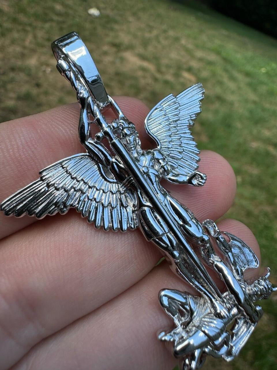 Artwork Saint St Michael Slaying Dragon Archangel Pendant - 925 Silver - 3 Sizes 1"-3"