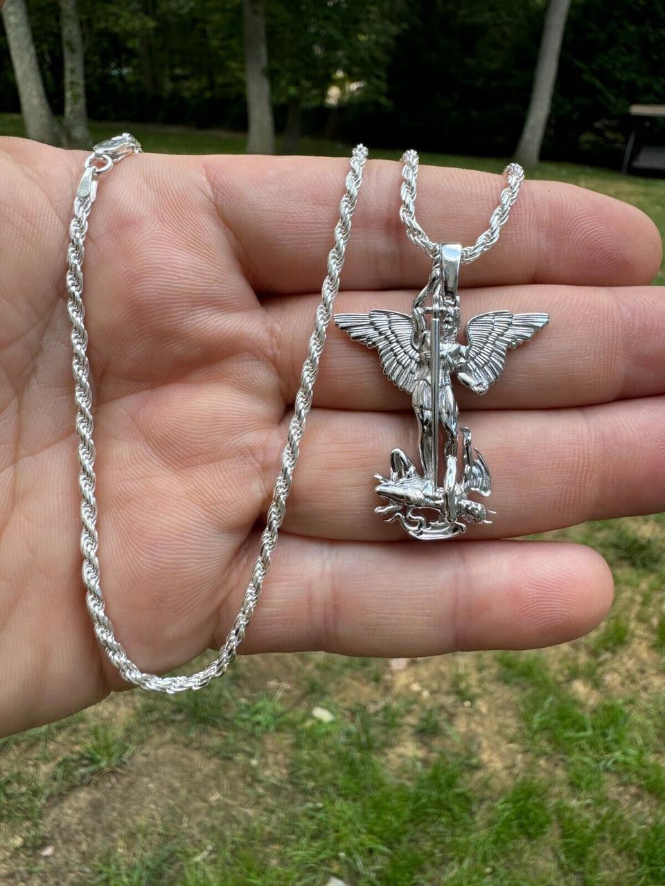 Artwork Saint St Michael Slaying Dragon Archangel Pendant - 925 Silver - 3 Sizes 1"-3"