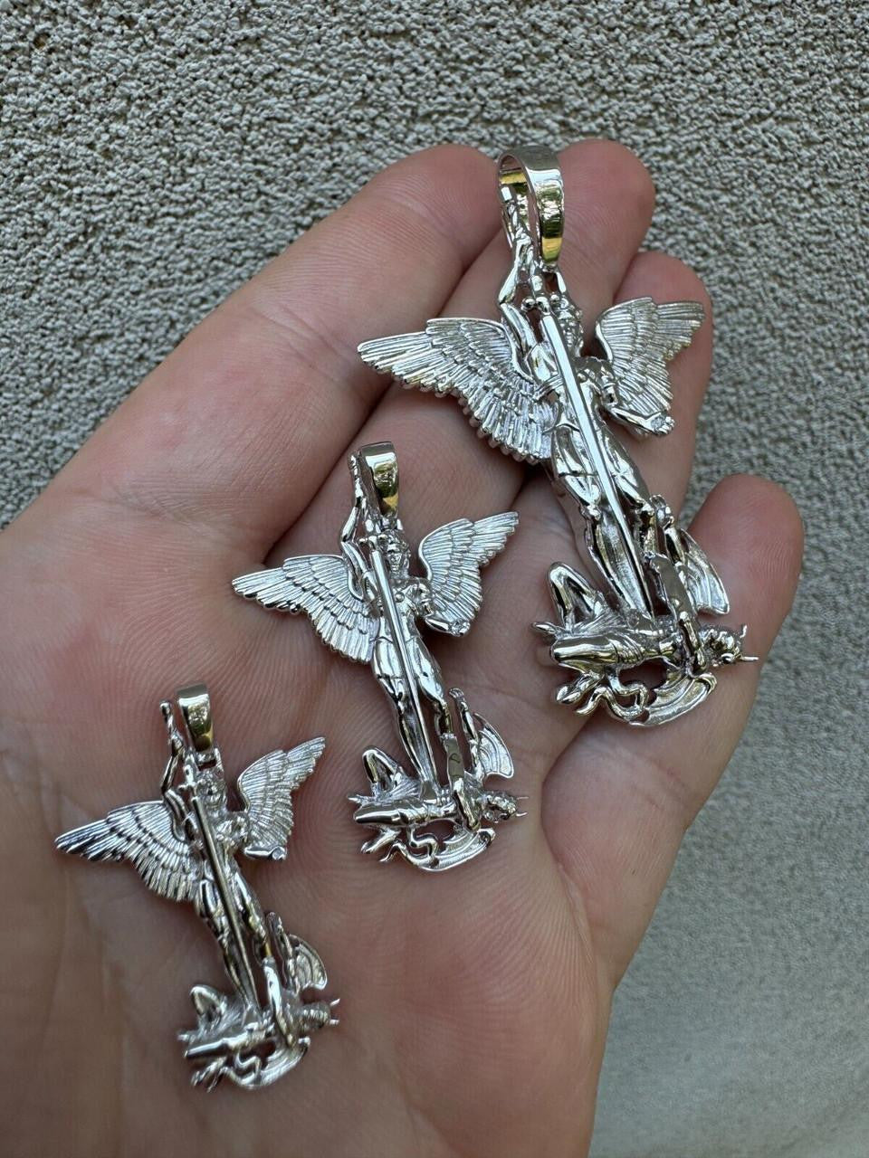 Artwork Saint St Michael Slaying Dragon Archangel Pendant - 925 Silver - 3 Sizes 1"-3"