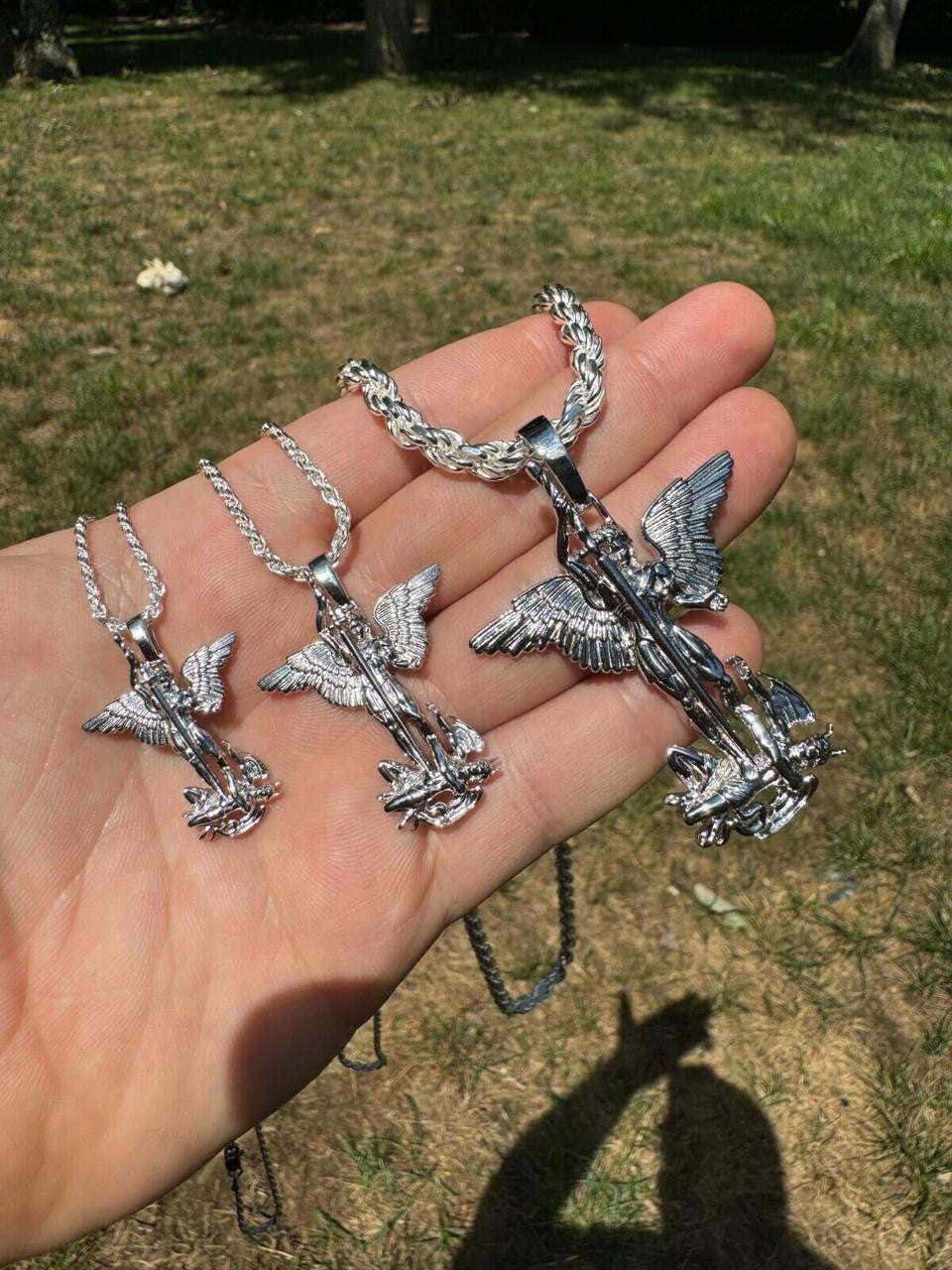 Artwork Saint St Michael Slaying Dragon Archangel Pendant - 925 Silver - 3 Sizes 1"-3"