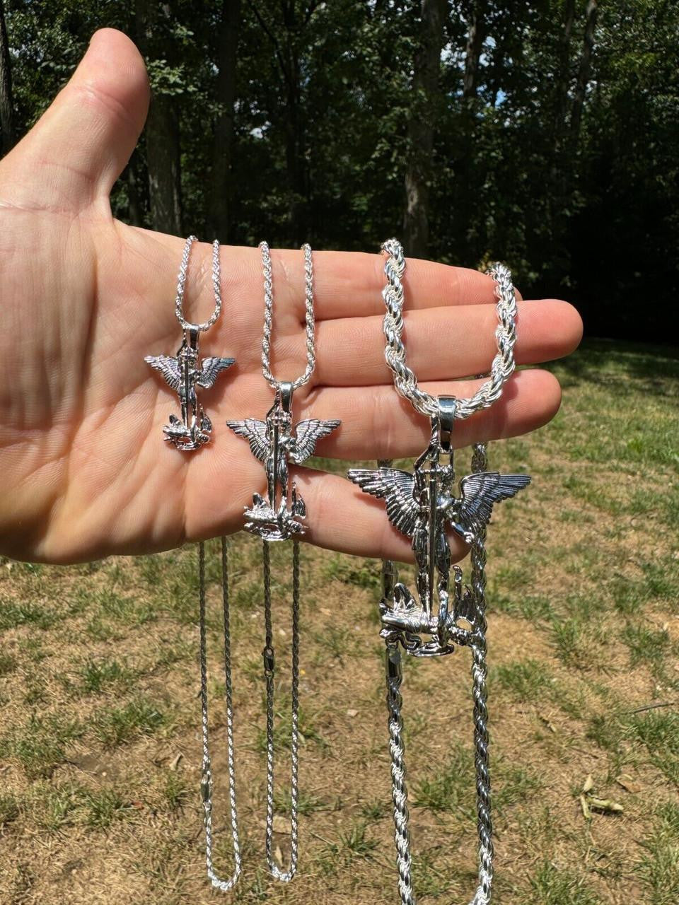 Artwork Saint St Michael Slaying Dragon Archangel Pendant - 925 Silver - 3 Sizes 1"-3"