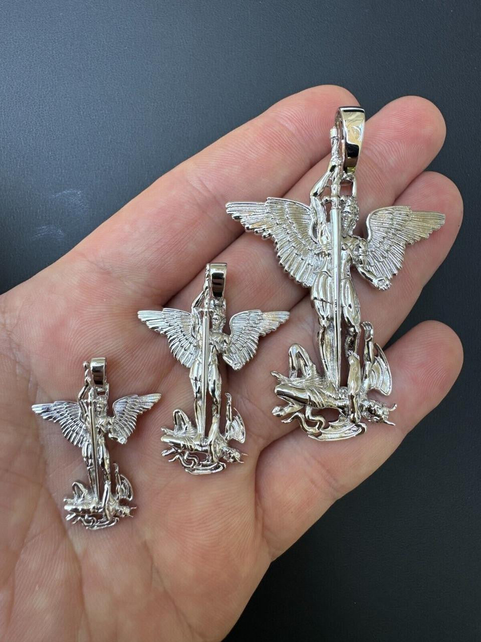 Artwork Saint St Michael Slaying Dragon Archangel Pendant - 925 Silver - 3 Sizes 1"-3"