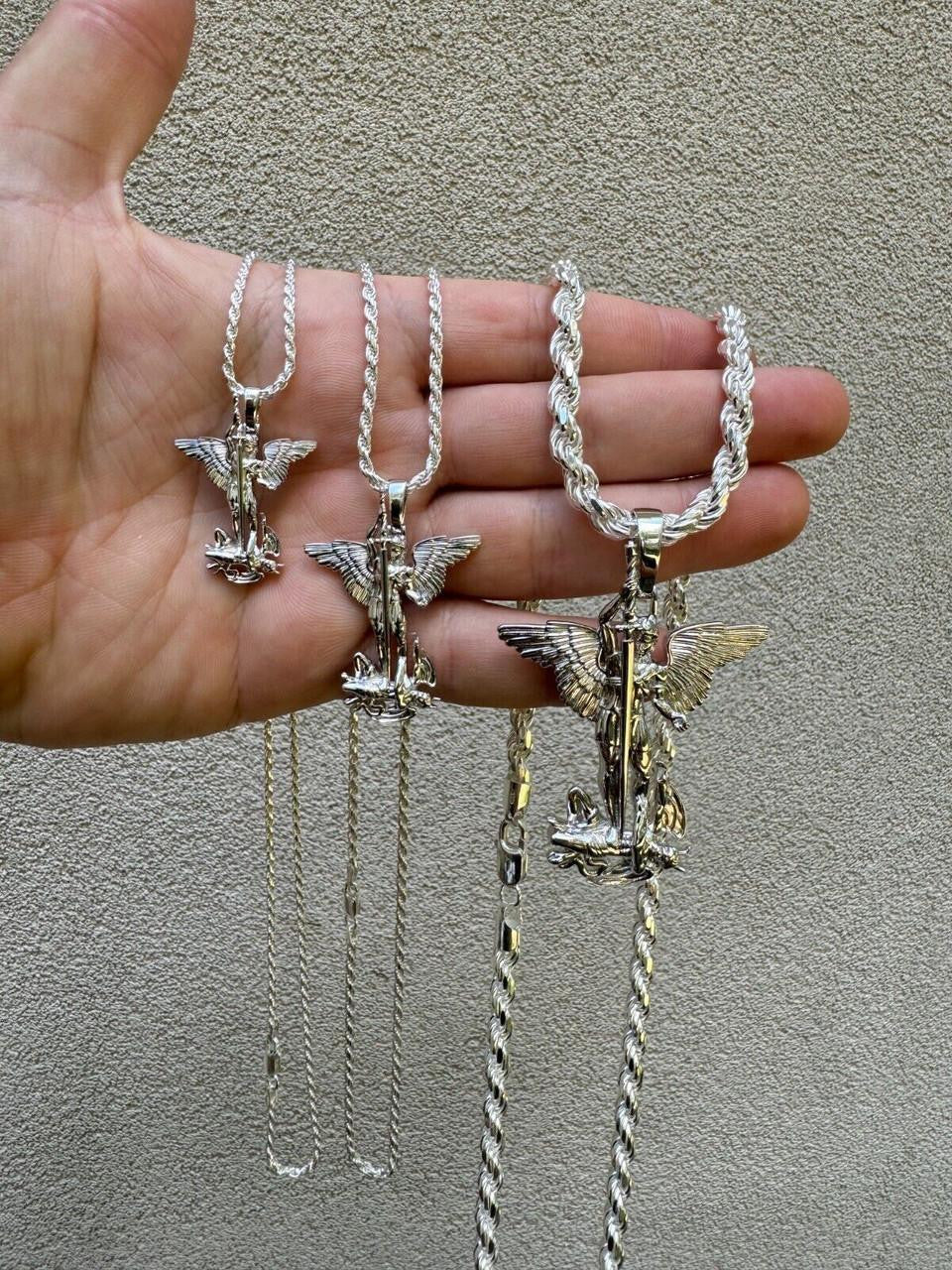 Artwork Saint St Michael Slaying Dragon Archangel Pendant - 925 Silver - 3 Sizes 1"-3"