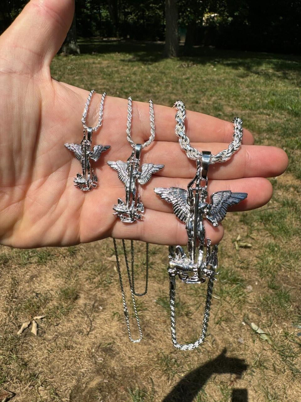 Artwork Saint St Michael Slaying Dragon Archangel Pendant - 925 Silver - 3 Sizes 1"-3"