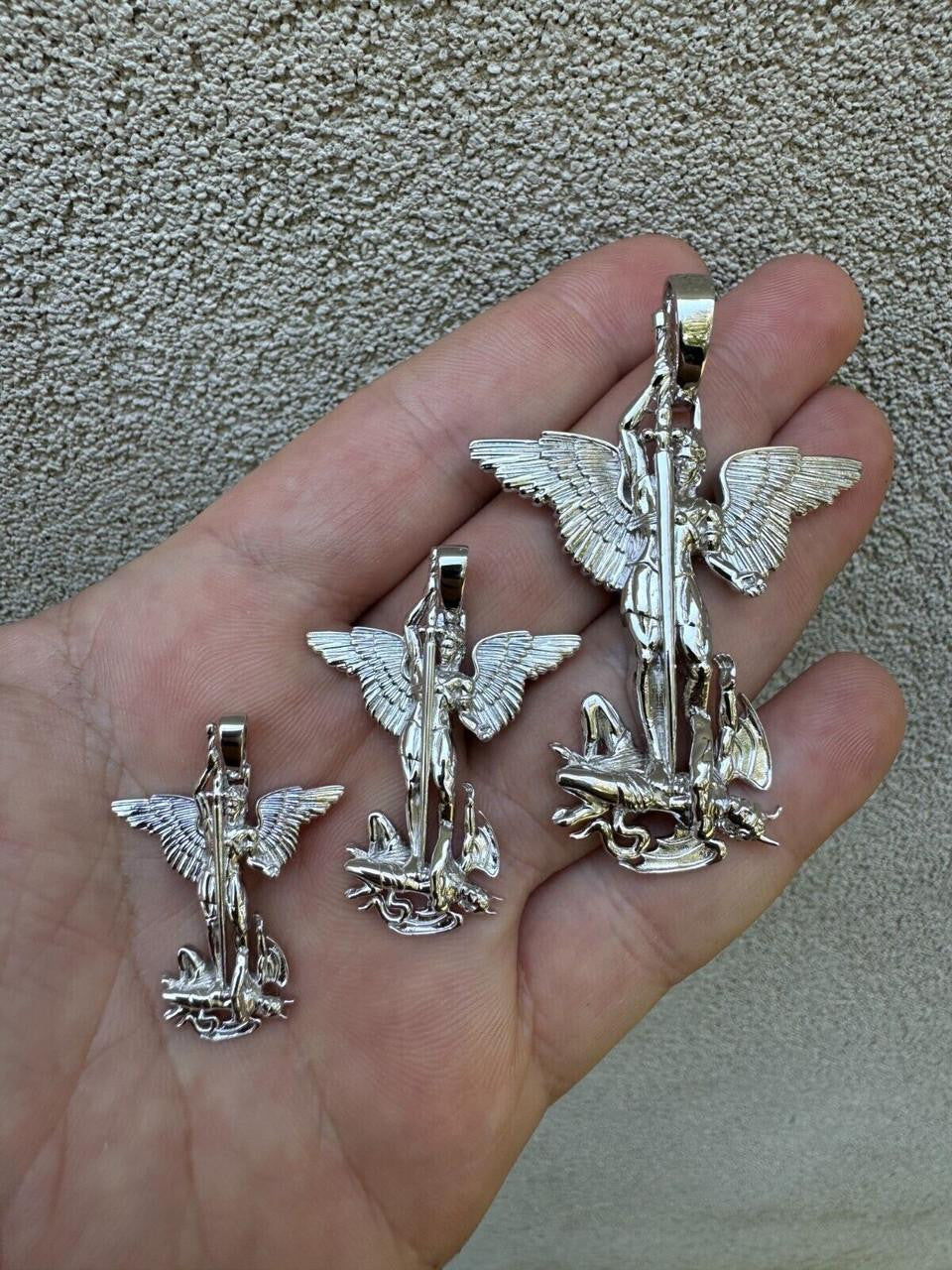 Artwork Saint St Michael Slaying Dragon Archangel Pendant - 925 Silver - 3 Sizes 1"-3"
