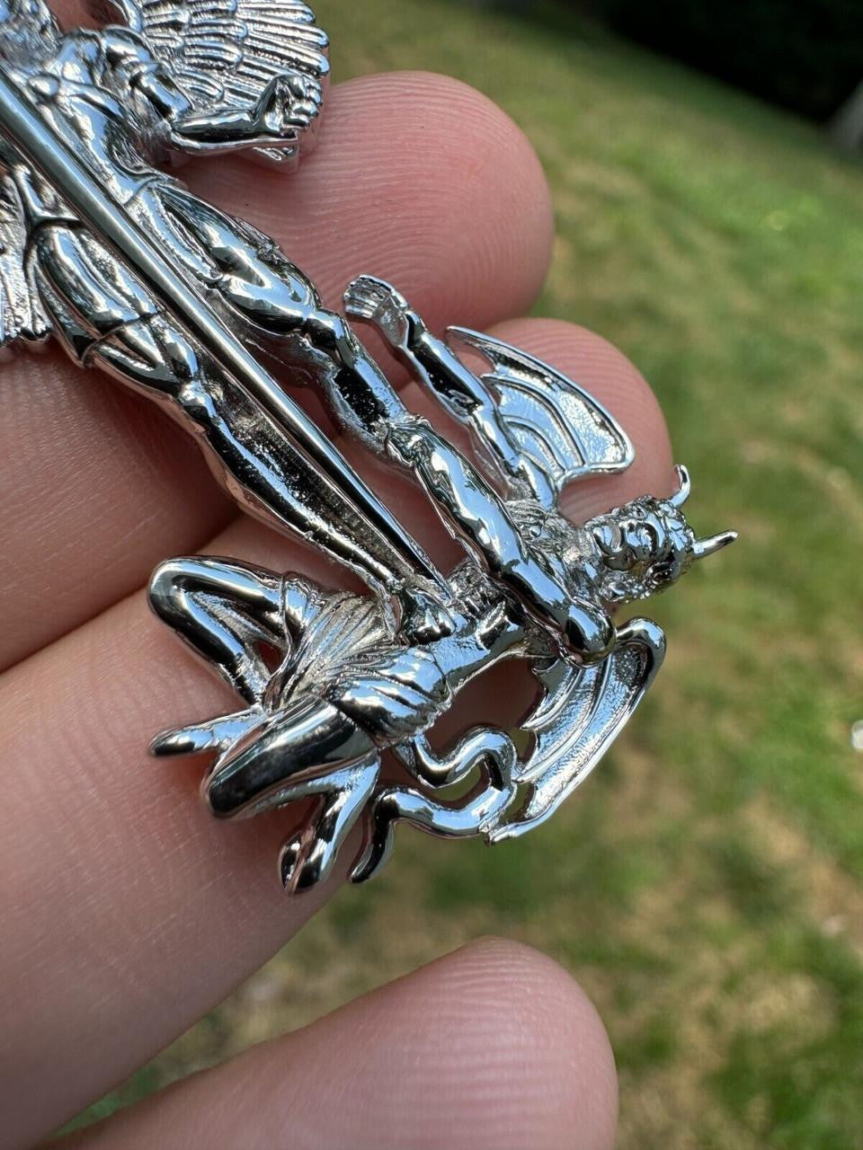 Artwork Saint St Michael Slaying Dragon Archangel Pendant - 925 Silver - 3 Sizes 1"-3"