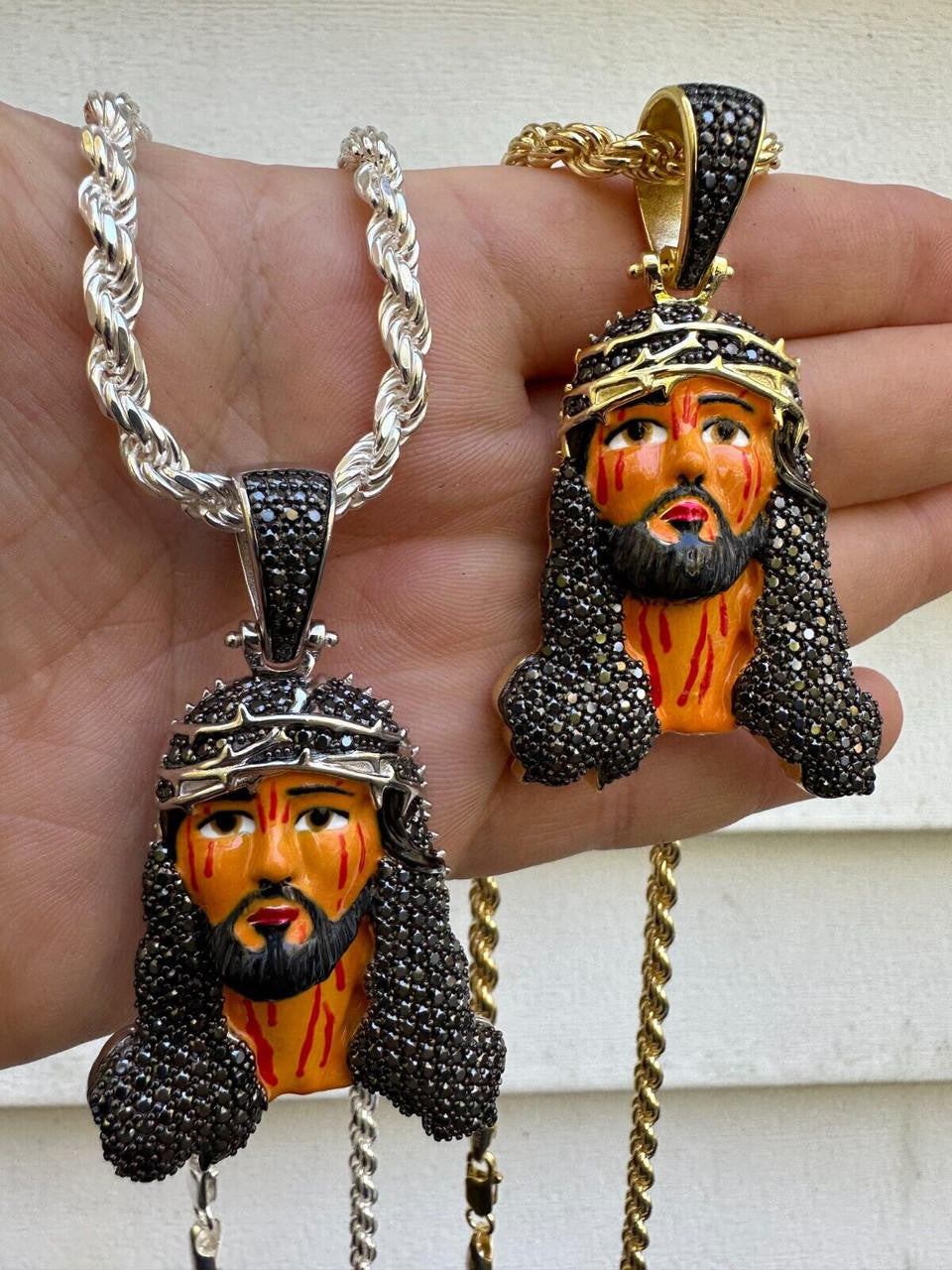 Black MOISSANITE Enamel Jesus Pendant - 14k Gold Vermeil Or 925 Silver - Large 2.5"