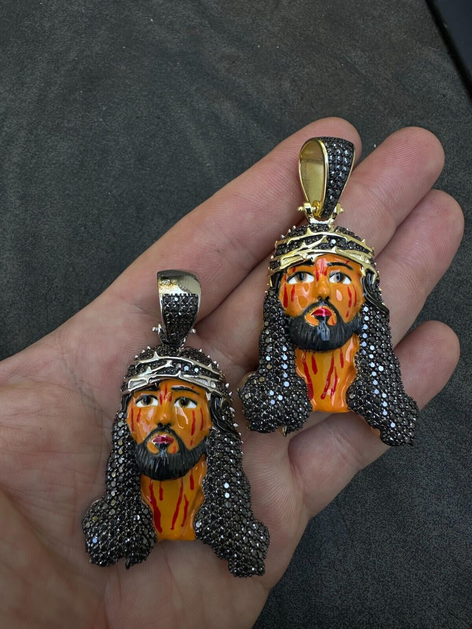 Black MOISSANITE Enamel Jesus Pendant - 14k Gold Vermeil Or 925 Silver - Large 2.5"
